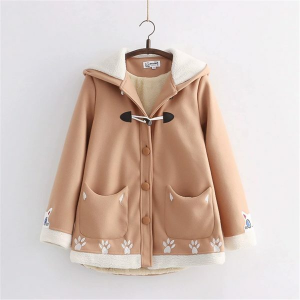 Y2K Kawaii Cartoon Cat Wool Coat - Streetwear Fashion