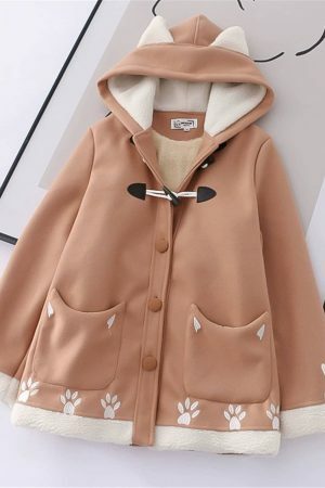 Y2K Kawaii Cartoon Cat Wool Coat - Streetwear Fashion