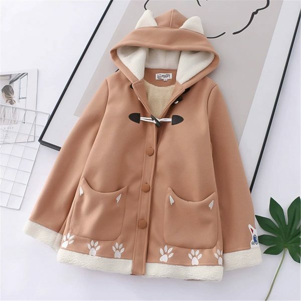 Y2K Kawaii Cartoon Cat Wool Coat - Streetwear Fashion