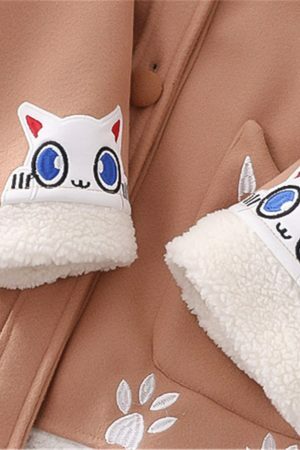 Y2K Kawaii Cartoon Cat Wool Coat - Streetwear Fashion