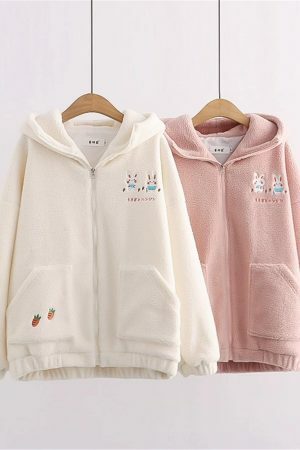 Y2K Kawaii Rabbit Hoodie with Shoulder Sleeve Zipper Coat