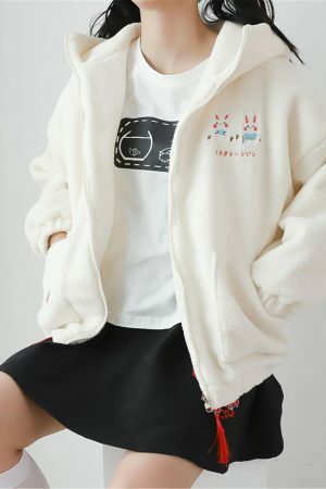 Y2K Kawaii Rabbit Hoodie with Shoulder Sleeve Zipper Coat