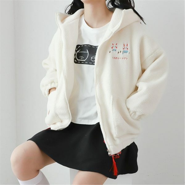 Y2K Kawaii Rabbit Hoodie with Shoulder Sleeve Zipper Coat