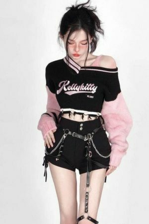 Y2K Kelly Kitty Streetwear Off Shoulder Sweater