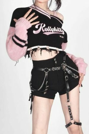 Y2K Kelly Kitty Streetwear Off Shoulder Sweater