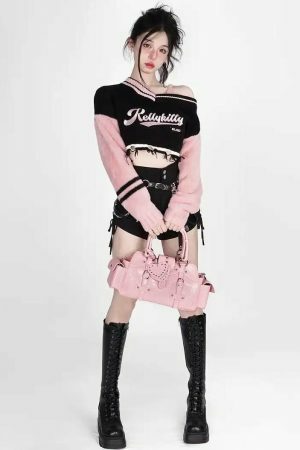 Y2K Kelly Kitty Streetwear Off Shoulder Sweater