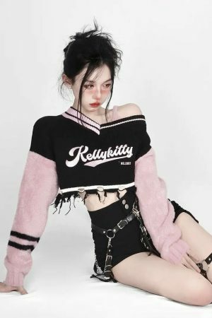 Y2K Kelly Kitty Streetwear Off Shoulder Sweater