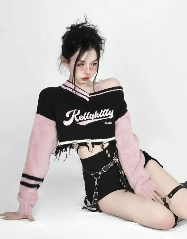 Y2K Kelly Kitty Streetwear Off Shoulder Sweater