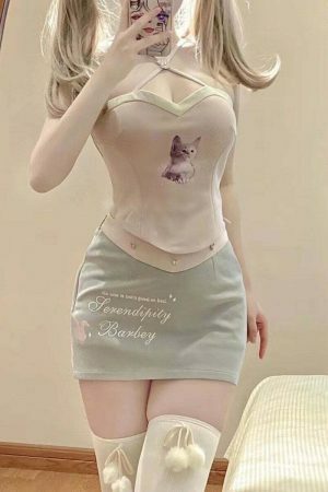 Y2K Kitty Halter Top & Mini Skirt Set - Coquette Soft Jirai Kei Aesthetics