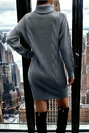 Y2K Knit Oversized Turtleneck Sweater Dress, Cozy Fall Streetwear