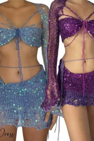 Y2K Knit Sequin Two Piece Set - Sexy Crop Top & Elegant Skirt