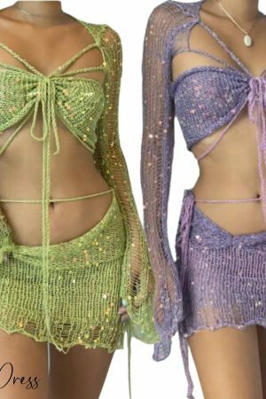 Y2K Knit Sequin Two Piece Set - Sexy Crop Top & Elegant Skirt