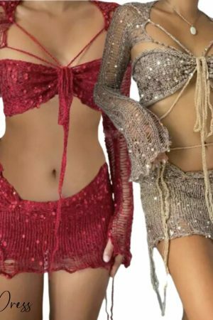 Y2K Knit Sequin Two Piece Set - Sexy Crop Top & Elegant Skirt