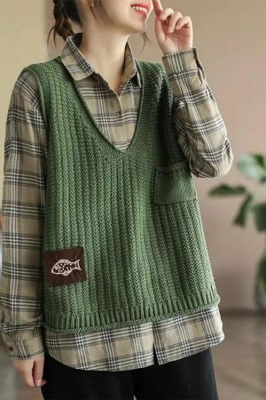 Y2K Knit Sleeveless Sweater Vest for Women, Chic Winter Aesthetic Loose Pullover