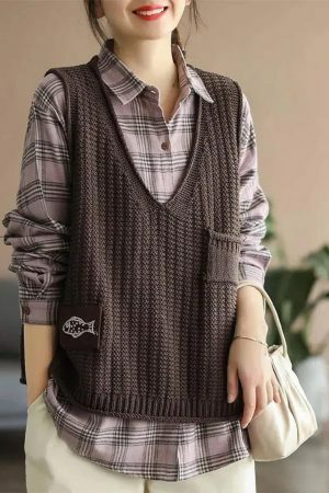 Y2K Knit Sleeveless Sweater Vest for Women, Chic Winter Aesthetic Loose Pullover