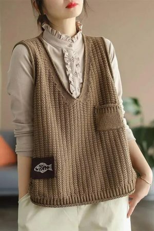 Y2K Knit Sleeveless Sweater Vest for Women, Chic Winter Aesthetic Loose Pullover