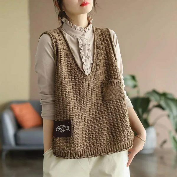 Y2K Knit Sleeveless Sweater Vest for Women, Chic Winter Aesthetic Loose Pullover