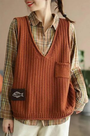 Y2K Knit Sleeveless Sweater Vest for Women, Chic Winter Aesthetic Loose Pullover