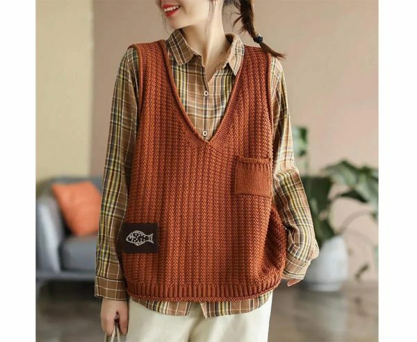 Y2K Knit Sleeveless Sweater Vest for Women, Chic Winter Aesthetic Loose Pullover