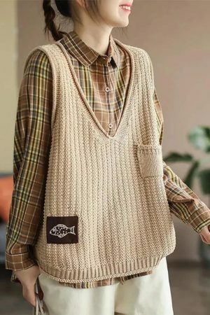 Y2K Knit Sleeveless Sweater Vest for Women, Chic Winter Aesthetic Loose Pullover