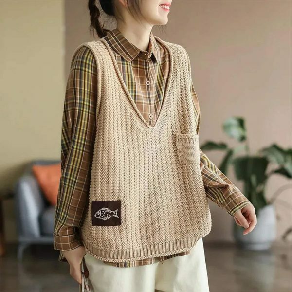 Y2K Knit Sleeveless Sweater Vest for Women, Chic Winter Aesthetic Loose Pullover