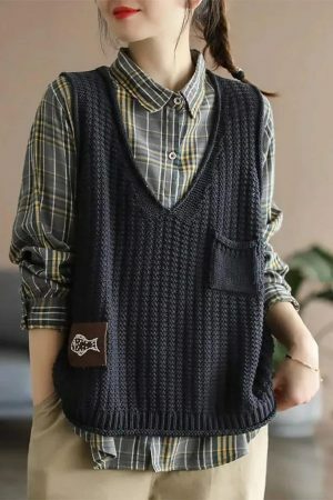 Y2K Knit Sleeveless Sweater Vest for Women, Chic Winter Aesthetic Loose Pullover