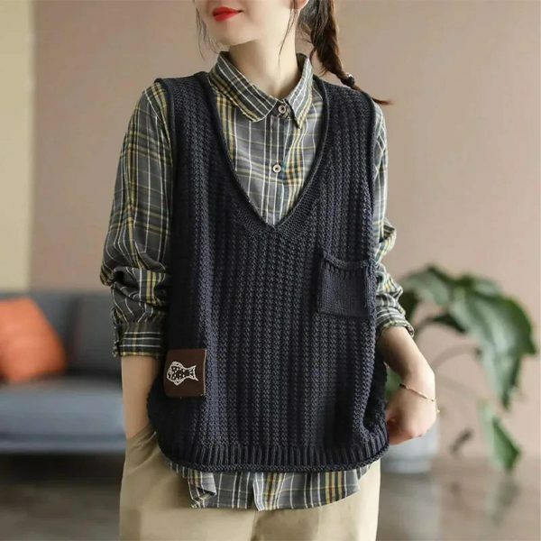 Y2K Knit Sleeveless Sweater Vest for Women, Chic Winter Aesthetic Loose Pullover