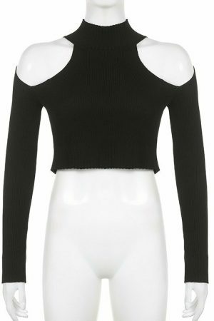 Y2K Knitted Black Crop Jumper - Off Shoulder Long Sleeve Streetwear