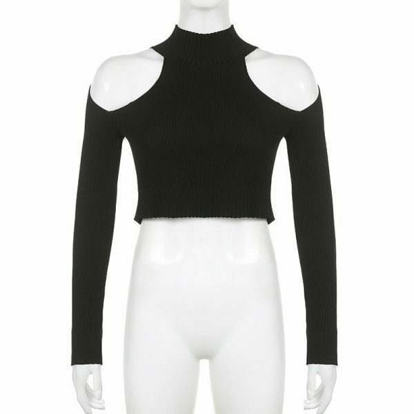 Y2K Knitted Black Crop Jumper - Off Shoulder Long Sleeve Streetwear