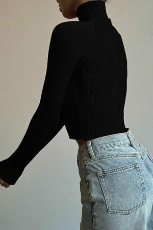 Y2K Knitted Black Crop Jumper - Off Shoulder Long Sleeve Streetwear