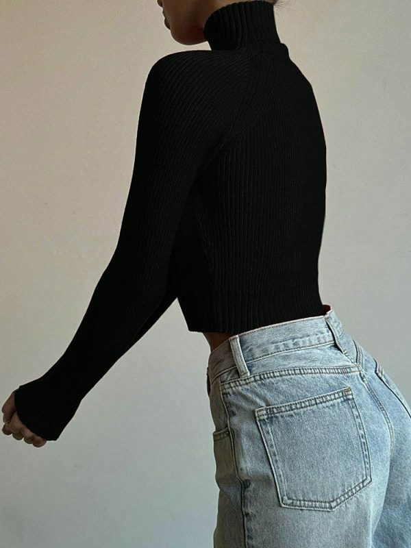 Y2K Knitted Black Crop Jumper - Off Shoulder Long Sleeve Streetwear