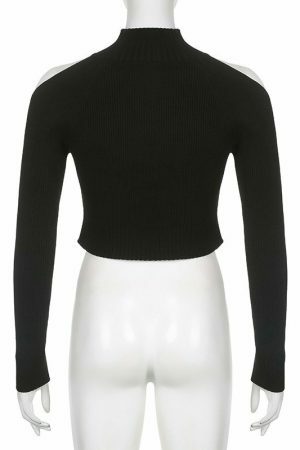 Y2K Knitted Black Crop Jumper - Off Shoulder Long Sleeve Streetwear