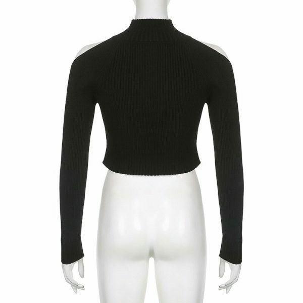 Y2K Knitted Black Crop Jumper - Off Shoulder Long Sleeve Streetwear