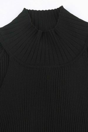 Y2K Knitted Black Crop Jumper - Off Shoulder Long Sleeve Streetwear