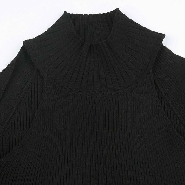 Y2K Knitted Black Crop Jumper - Off Shoulder Long Sleeve Streetwear