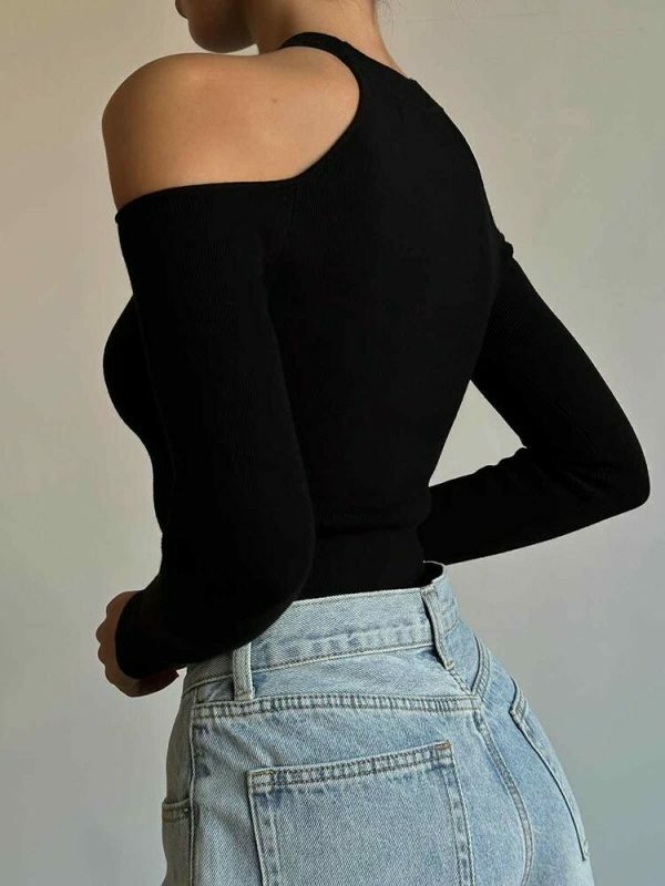 Y2K Knitted Black Crop Jumper - Off Shoulder Long Sleeve Streetwear