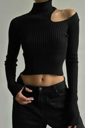 Y2K Knitted Black Crop Jumper - Off Shoulder Long Sleeve Streetwear