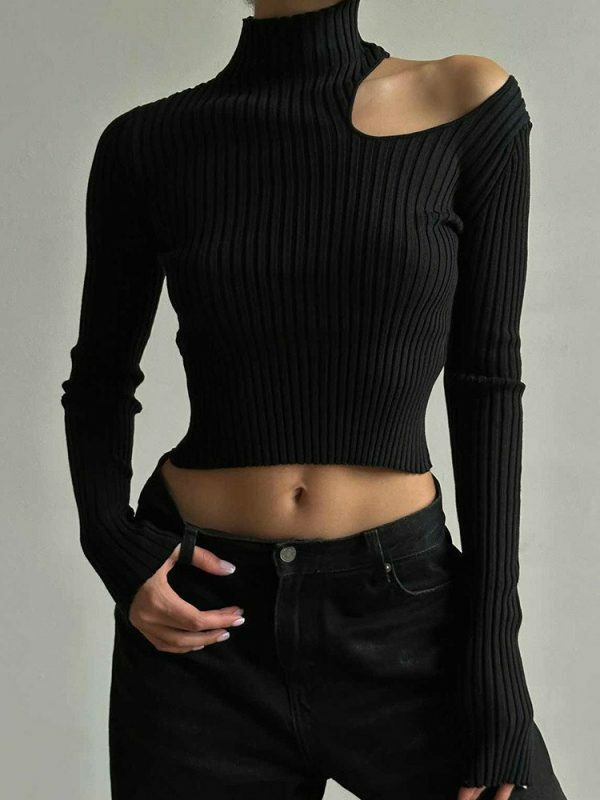 Y2K Knitted Black Crop Jumper - Off Shoulder Long Sleeve Streetwear