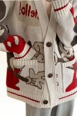 Y2K Knitted Cartoon Duck & Japanese Mouse Streetwear Cardigan