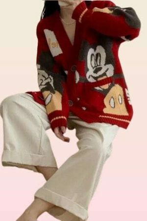 Y2K Knitted Cartoon Duck & Japanese Mouse Streetwear Cardigan