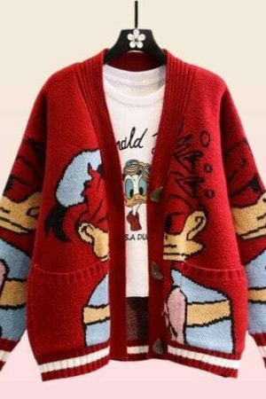 Y2K Knitted Cartoon Duck & Japanese Mouse Streetwear Cardigan