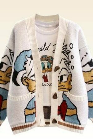 Y2K Knitted Cartoon Duck & Japanese Mouse Streetwear Cardigan