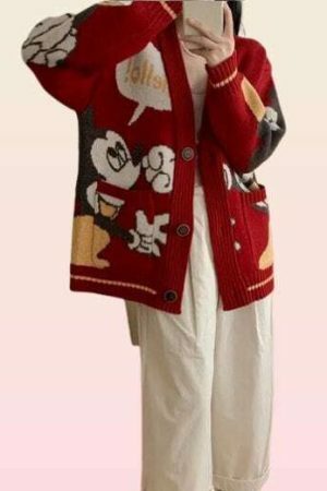 Y2K Knitted Cartoon Duck & Japanese Mouse Streetwear Cardigan