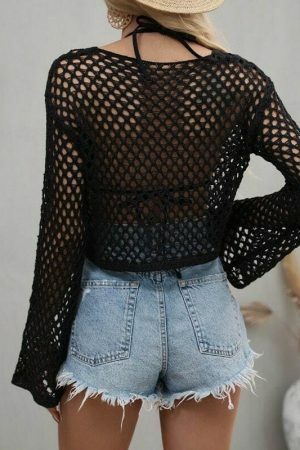 Y2K Knitted Fishnet Grunge Mesh Pullover Top for Women