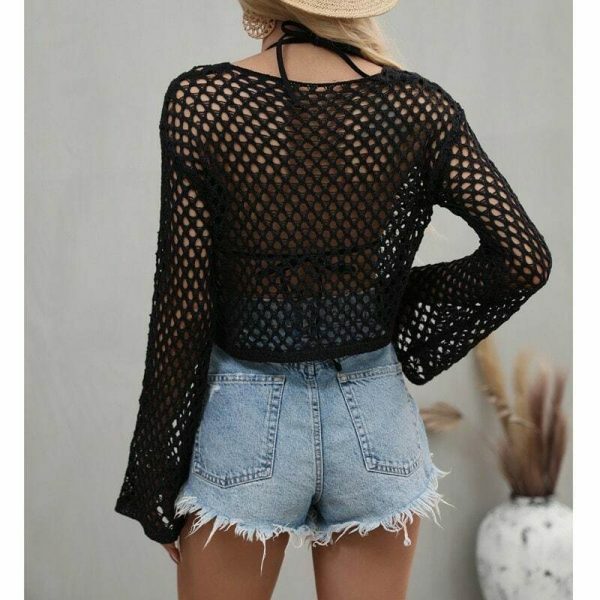 Y2K Knitted Fishnet Grunge Mesh Pullover Top for Women