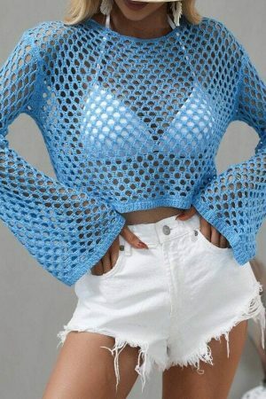 Y2K Knitted Fishnet Grunge Mesh Pullover Top for Women