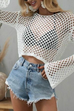 Y2K Knitted Fishnet Grunge Mesh Pullover Top for Women