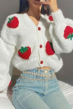 Y2K Knitted Strawberry Oversized Cardigan Sweatshirt