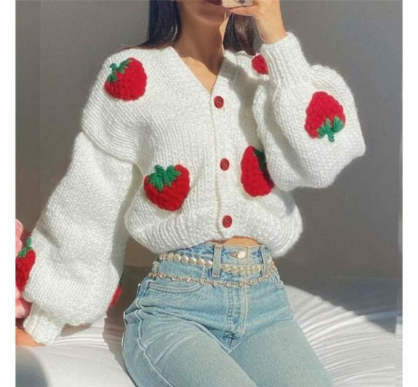 Y2K Knitted Strawberry Oversized Cardigan Sweatshirt