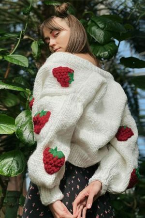 Y2K Knitted Strawberry Oversized Cardigan Sweatshirt